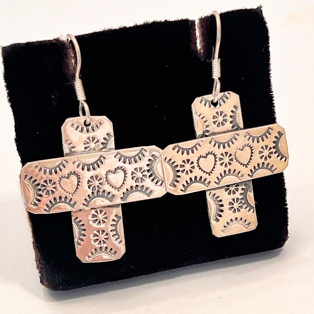 Vintage Mexico Silver Stamped Cross Heart Earrings